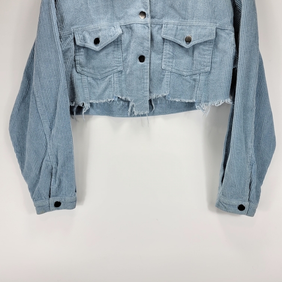 12th Tribe Cropped Corduroy Button Jacket Raw Hem Womens Small S Blue Trucker - Picture 3 of 10